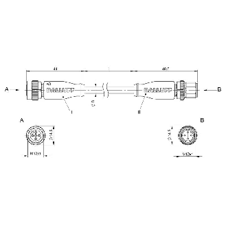 M12A Fem Droit 5p/M12A Mâle Droit 4p; Câble PUR 4x0.34 Noir Cpc 5m-Lire la description