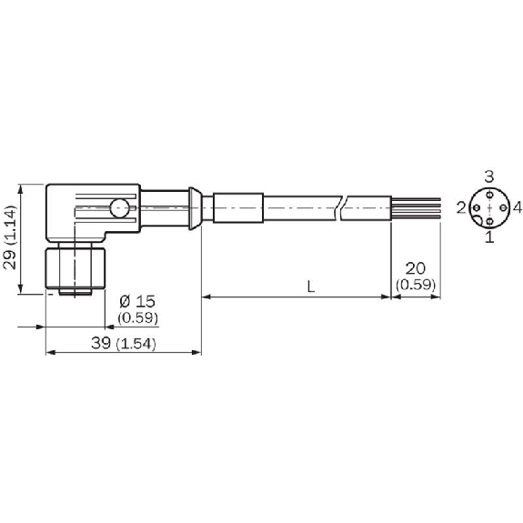 M12A Fem Coudé 4p Inox V4A; Câble PUR 4x0.34 Gris 25m-Lire la description