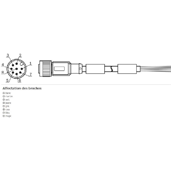 M12A Mâle Droit 8p; Câble PUR Blindé 8x0.25 Noir Cpc 5m (30V)-Lire la description