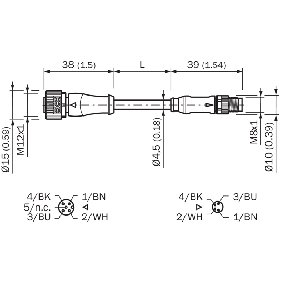 M12A Fem Droit 4p/M08A Mâle Droit 4p; Câble PUR 4x0.25 Noir Cpc 0.6m-Lire la description