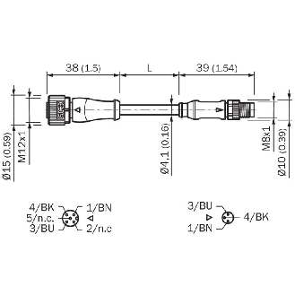 M12A Fem Droit 3p/M08A Mâle Droit 3p; PUR 3x0.25 Noir Cpc 2m-Lire la description