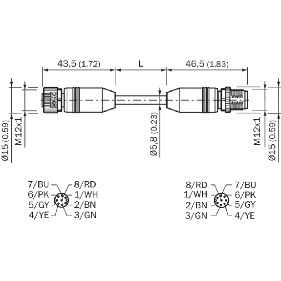 M12A Fem Droit 8p/M12A Mâle Droit 8p; Câble PUR 8x0.25 Noir Cpc 3m-Lire la description