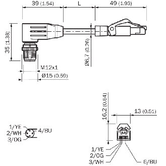 M12D Mâle Coudé 4p/RJ45 Mâle Droit 4p; PUR Blindé 4 fils Vert 10m-Lire la description