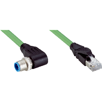 M12D Mâle Coudé 4p/RJ45 Mâle Droit 4p; PUR Blindé 4 fils Vert 10m-Lire la description