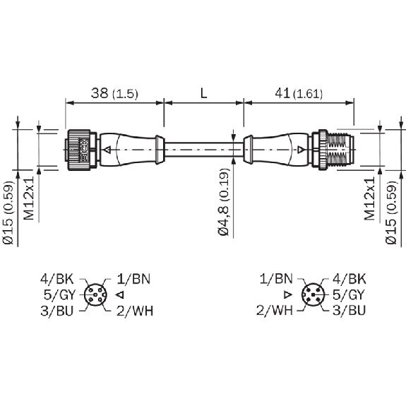 M12A Fem Droit 5p/M12A Mâle Droit 5p; PUR 5x0.34 Noir Cpc 0.6m-Lire la description