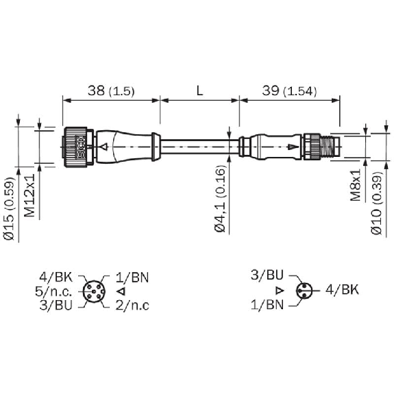 M12A Fem Droit 3p/M08A Mâle Droit 3p; PUR 3x0.25 Noir Cpc 1m-Lire la description