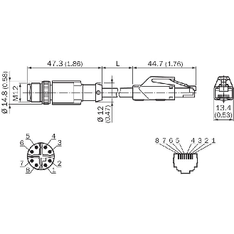 M12X Mâle Droit 8p/RJ45 Mâle Droit; Câble PUR 4x2x0,14 Bleu 10m-Lire la description
