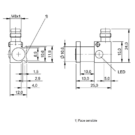 DPM Vérins cylindriques PNP NO 25x11.9x26mm 10-30Vdc / M08 3P-Lire la description