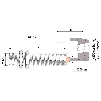 DPM M12 REED NO P20mm noyé 70mm Laiton 220VAC / RJ4/4+Câble 2m PUR-Lire la description