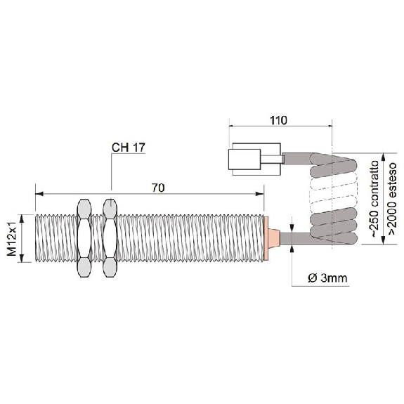 DPM M12 REED NO P20mm noyé 70mm Laiton 220VAC / RJ4/4+Câble 2m PUR-Lire la description