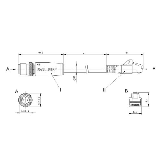 M12D Mâle Droit 4p/RJ45 Mâle Droit 8p; Câble TPE Blindé 4 fils 5m-Lire la description