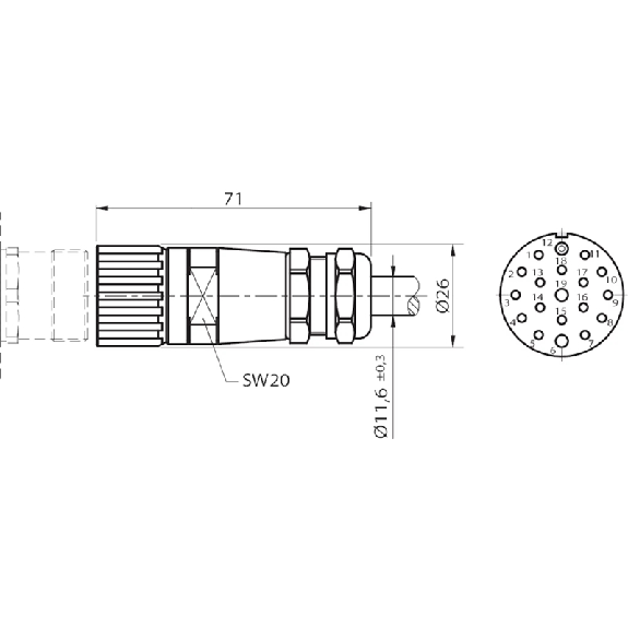 M23 Fem Droit 19p; Câble PUR 16x0,5+3x1 Noir 20m M23 Fem Droit 19p; Câble PUR 16x0,5+3x1 Noir 20m-Lire la description