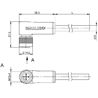 M12A Fem Coudé 5p; Câble PUR Blindé 5x0.34 Noir Cpc 25m-Lire la description