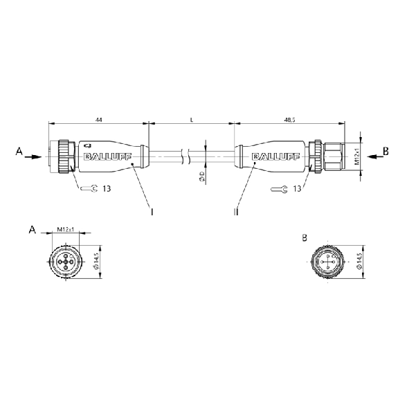 M12A Fem Droit 5p/M12A Mâle Droit 4p; Câble PUR 4x0.34 Noir Cpc 2.5m-Lire la description