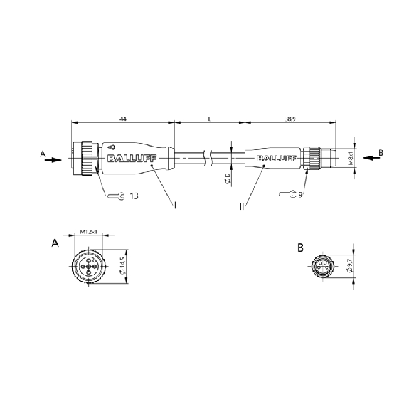 M12A Fem Droit 5p/M8A Mâle Droit 4p; Câble PVC 4x0.34 Gris Cpc 0.6m-Lire la description