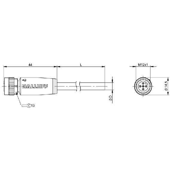 M12A Fem Droit 5p; Câble PUR 4x0.75 Noir 3m (250V)-Lire la description