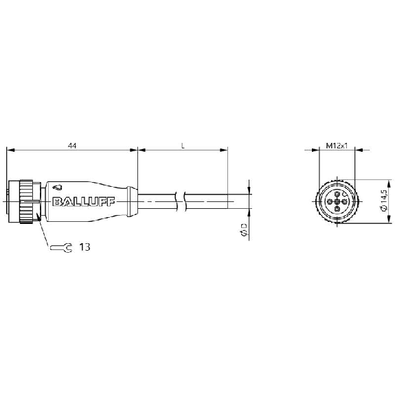 M12A Fem Droit 4p LED PNP NO/NF; Câble PUR 4x0.34 Noir Cpc 10m (30Vdc-Lire la description