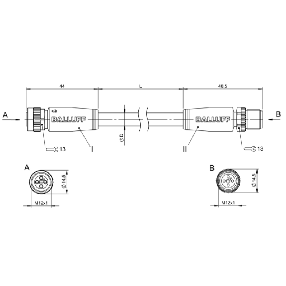 M12T Fem Droit 4p/M12T Mâle Droit 4p; PUR 4x1.5 Noir Cpc 2m-Lire la description