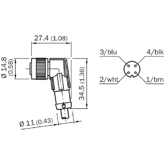 M12A Fem Coudé 4p; Câble PUR 4x0.75 Noir Cpc 5m-Lire la description