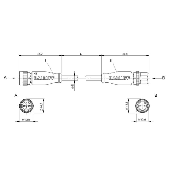M12A Fem Droit 5p/M12A Mâle Droit 3p; Câble PUR 3x0.34 Noir Cpc 5m-Lire la description