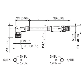 M08A Fem Coudé 3p/M08A Mâle Droit 3p; PUR 3x0.25 Noir Cpc 1,5m-Lire la description
