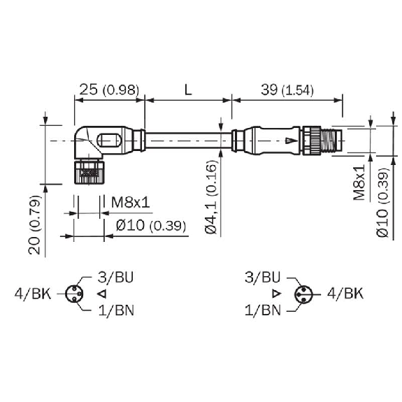 M08A Fem Coudé 3p/M08A Mâle Droit 3p; PUR 3x0.25 Noir Cpc 1,5m-Lire la description