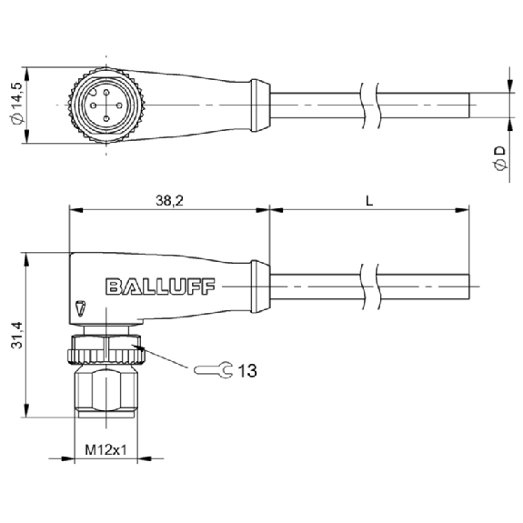 M12A Mâle Droit 4p LED NO/NF; Câble PVC 4x0.34 Gris Cpc 5m-Lire la description
