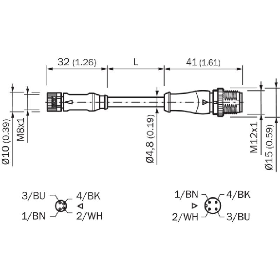 M08A Fem Droit 4p/M12A Mâle Droit 4p; Câble PVC 4x0.25 Gris 10m-Lire la description
