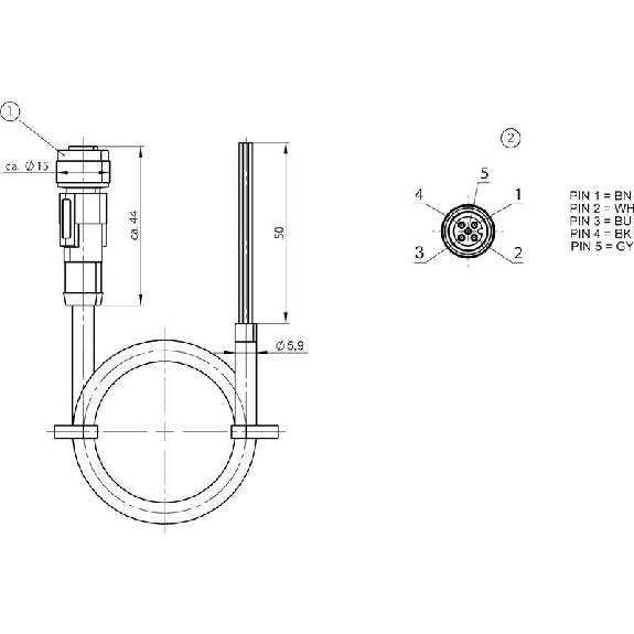 M12A Fem Droit 5p; Câble PVC 5x0.34 20m-Lire la description