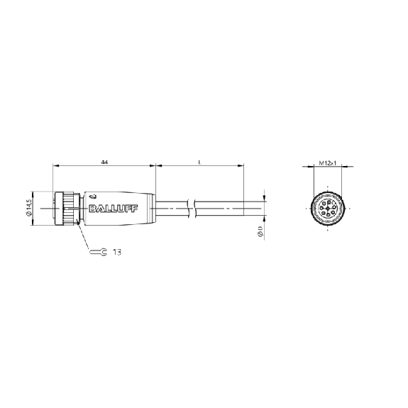M12A Fem Droit 8p; Câble PUR 8x0.25 Jaune Cpc 10m (30V)-Lire la description