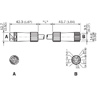 M12 Fem Droit 12p/M12 Mâle Droit 12p; RS-422, blindé; PVC 12 fils 2m-Lire la description