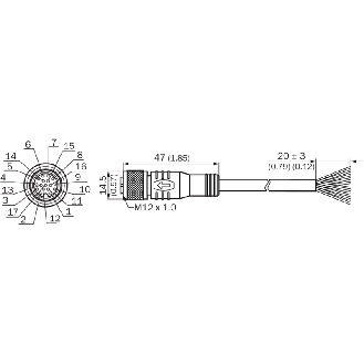 M12A Fem Droit 17p; Câble PUR 17 fils Cpc 5m-Lire la description