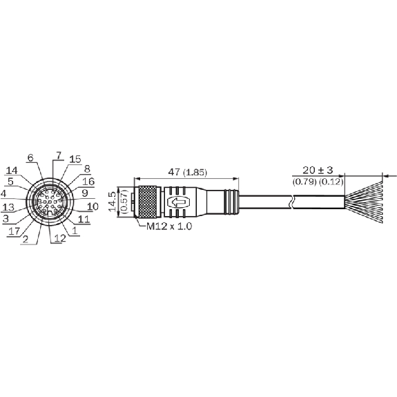 M12A Fem Droit 17p; Câble PUR 17 fils Cpc 5m-Lire la description