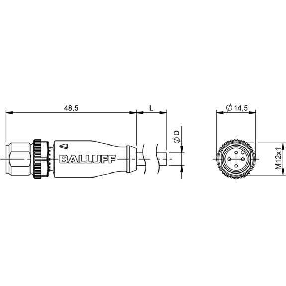 M12A Mâle Droit 4p; Câble PUR 4x0.34 Noir Cpc 0,6m (250V)-Lire la description