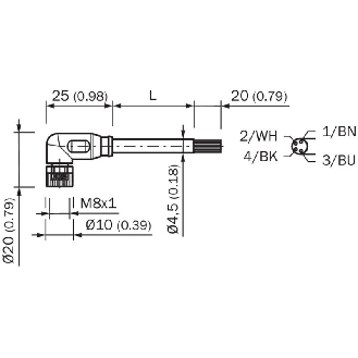 M08A Fem Coudé 4p; Câble PUR 4x0.25 Noir Cpc 10m (60Vdc)-Lire la description