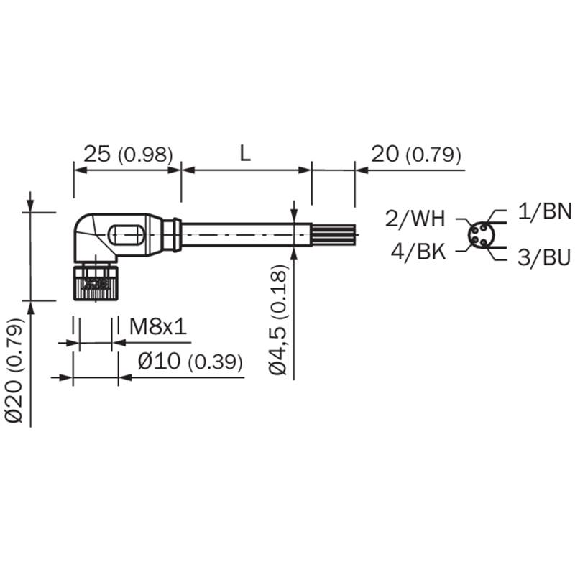 M08A Fem Coudé 4p; Câble PUR 4x0.25 Noir Cpc 10m (60Vdc)-Lire la description