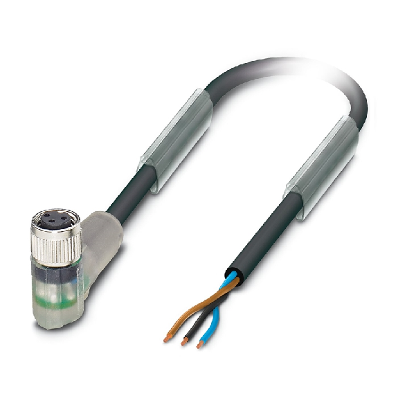 M08A Fem Coudé 3p LED (x2); Câble PUR Gris/Noir 10m-Lire la description