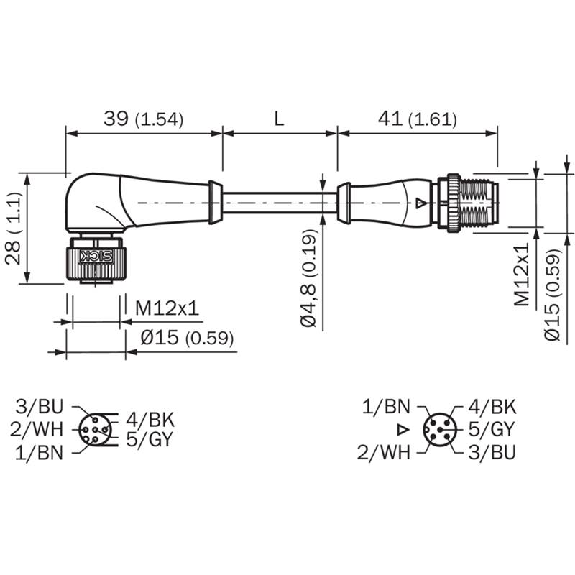 M12A Fem Coudé 5p/M12 Mâle Droit 5p; Câble PUR 5x0,34 Noir Cpc 5m-Lire la description