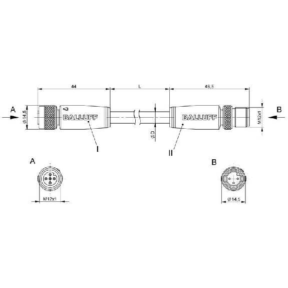 M12A Fem Droit 5p/M12A Mâle Droit 3p; PUR 3x0.34 Noir Cpc 3m Blindé-Lire la description