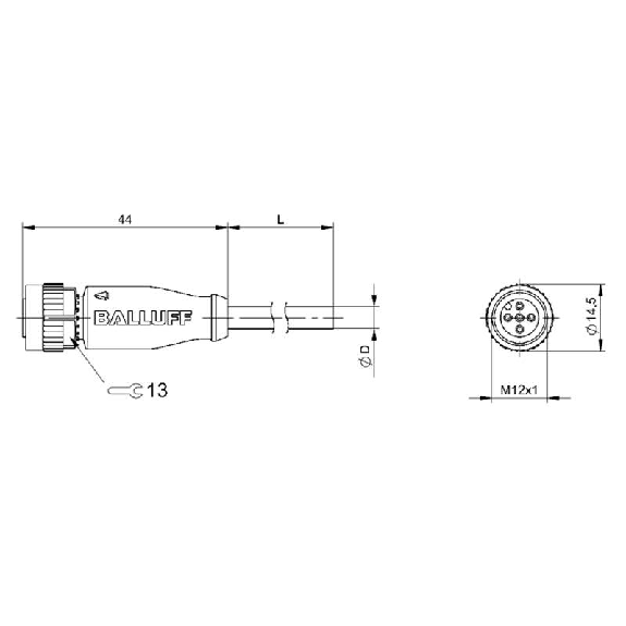 M12A Fem Droit 5p LED PNP NO/NF; Câble PUR Noir 4x.34 Cpc 3m (30Vdc)-Lire la description