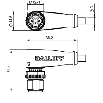 M12A Mâle Coudé 4p; Câble PUR 4x0.34 Noir Cpc 10m (250V)-Lire la description