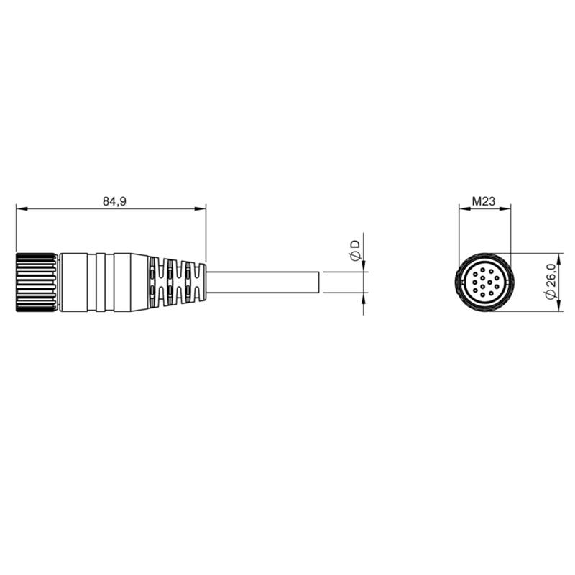 M23 Fem Droit 12p; Câble PUR Blindé 11x(0.50+1.0) Noir Cpc 25m (250V)-Lire la description