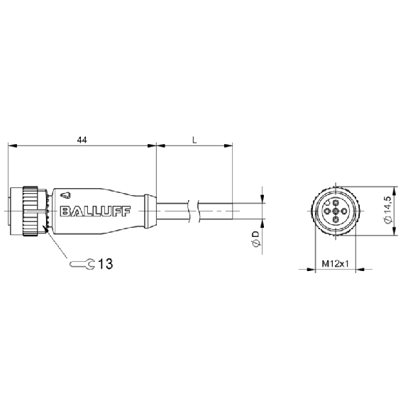 M12A Fem Droit 5p LED PNP NO; Câble PUR Noir Cpc 2m (30Vdc)-Lire la description