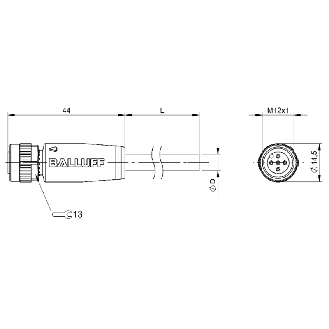M12A Fem Droit 5p; Câble PUR 4x0.75 Noir 5m (250V)-Lire la description