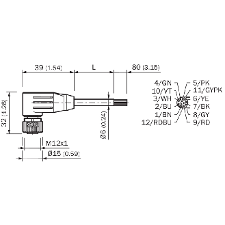 M12A Fem Coudé 12p; Câble PUR 12x0.14 Noir Cpc 10m (30V)-Lire la description