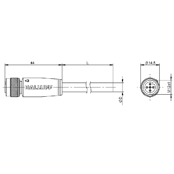 M12A Fem Droit 4p; Câble PUR Blindé 0.34 Noir Cpc 3m (250V)-Lire la description