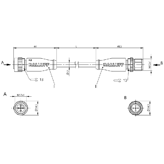 M12A Fem Droit 5p/M12A Mâle Droit 5p; PUR 5x0.34 Gris Cpc 0.6m-Lire la description