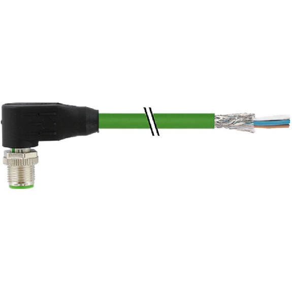 M12D Mâle Coudé 4p; Câble PUR (UL/CSA) Blindé 2x2x0,34 Vert 1.5m Ethe-Lire la description