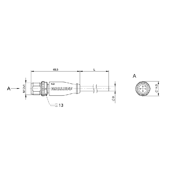 M12A Mâle Droit 4p; Câble PUR 4x0.14 Noir Cpc 0.35m (250V)-Lire la description