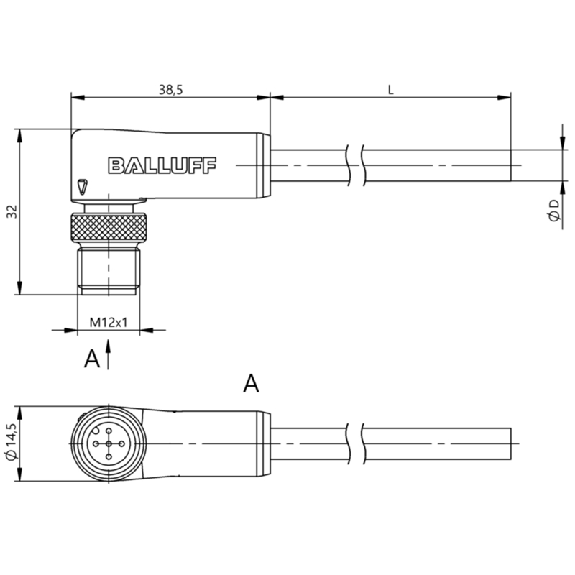 M12A Mâle Coudé 5p; Câble PUR Blindé 5x0.34 Noir Cpc 0.3m (60V)-Lire la description